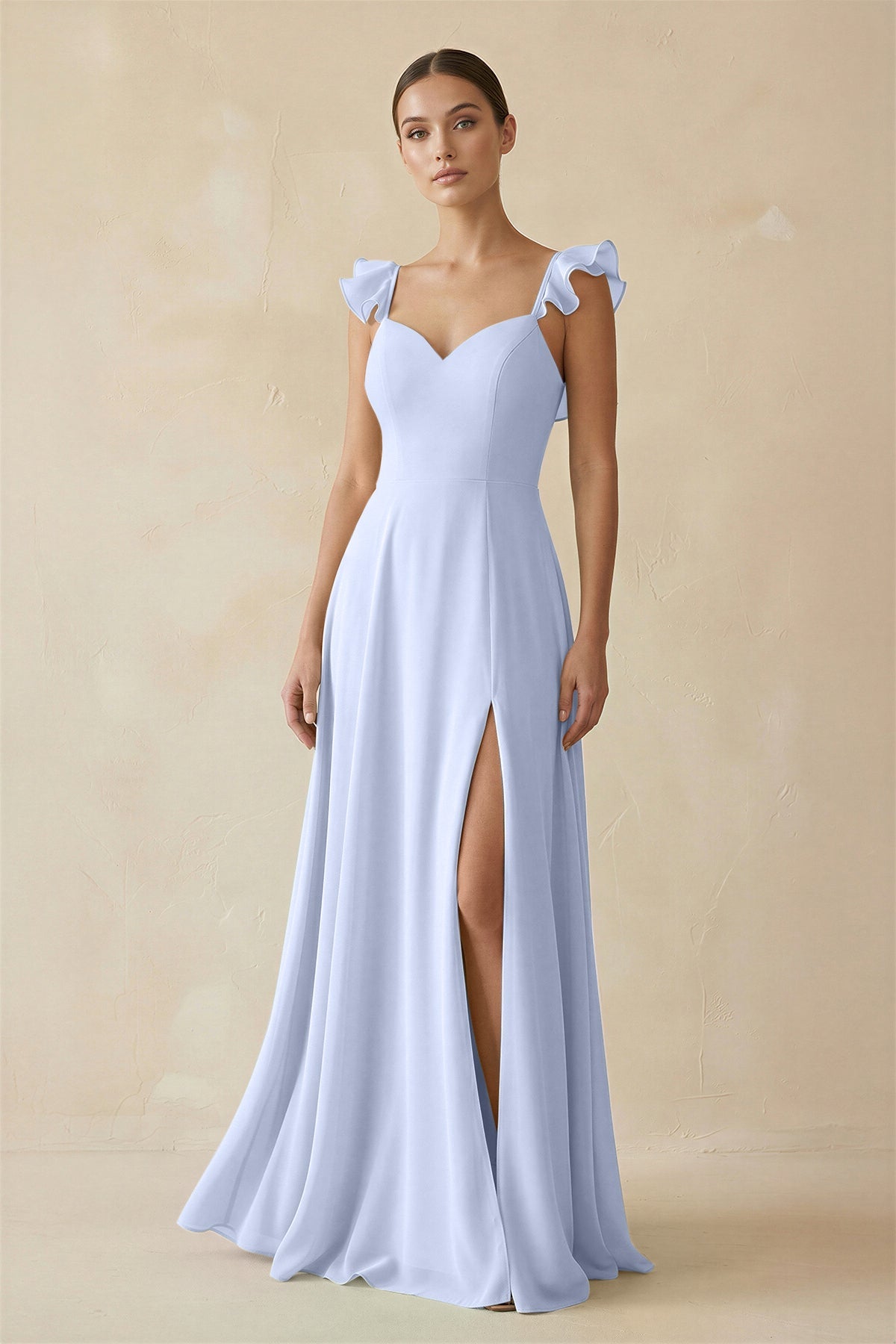 Ruffled Chiffon A - Line Long Bridesmaid Dress in Ice - SHE IS ME