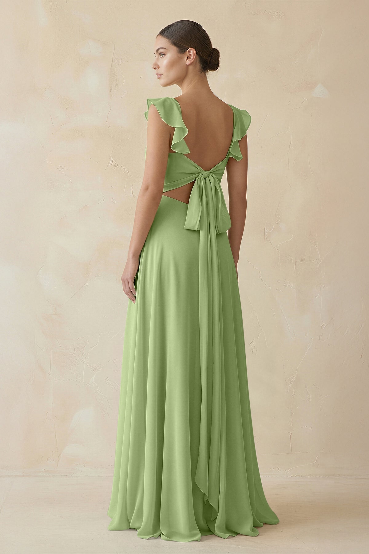Ruffled Chiffon A - Line Long Bridesmaid Dress in Matcha - SHE IS ME