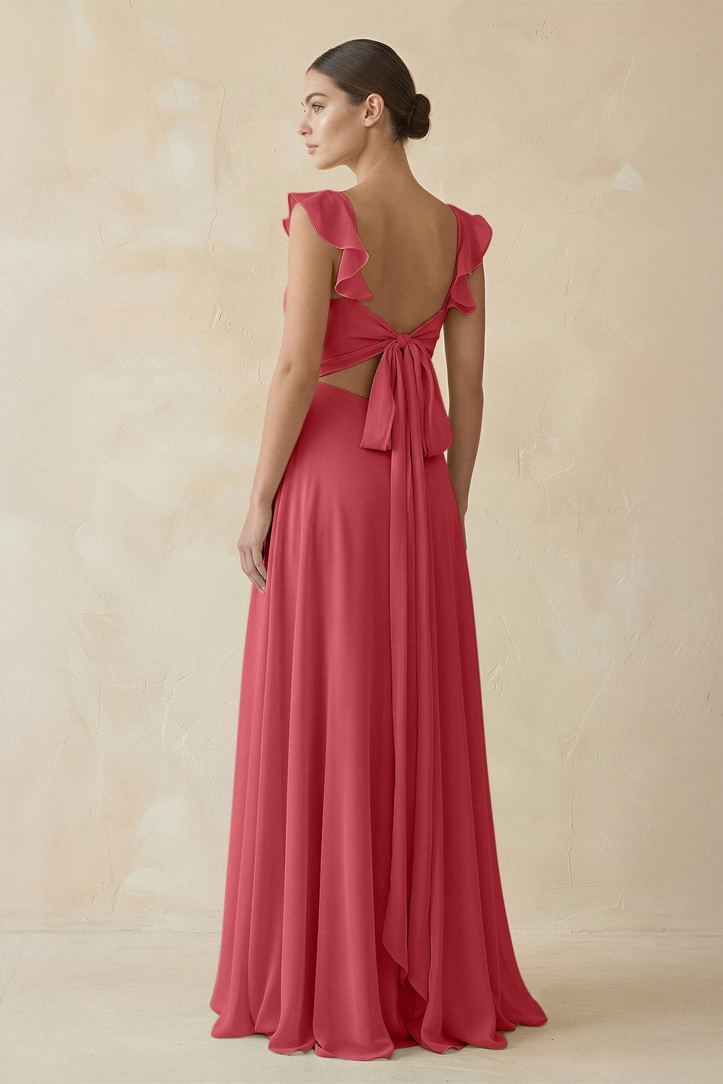 Ruffled Chiffon A - Line Long Bridesmaid Dress in Merlot - SHE IS ME