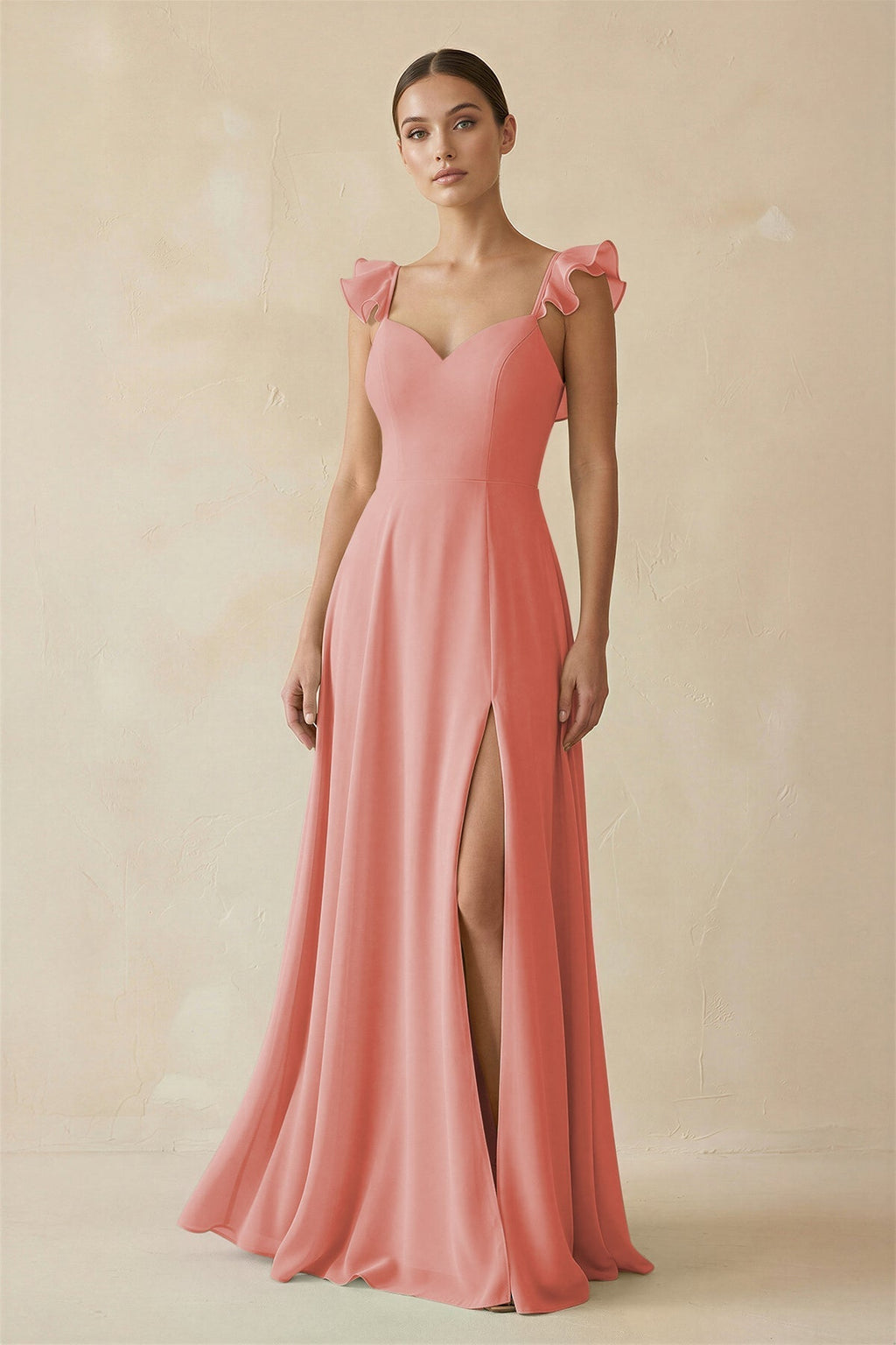 Ruffled Chiffon A - Line Long Bridesmaid Dress in Mulberry - SHE IS ME
