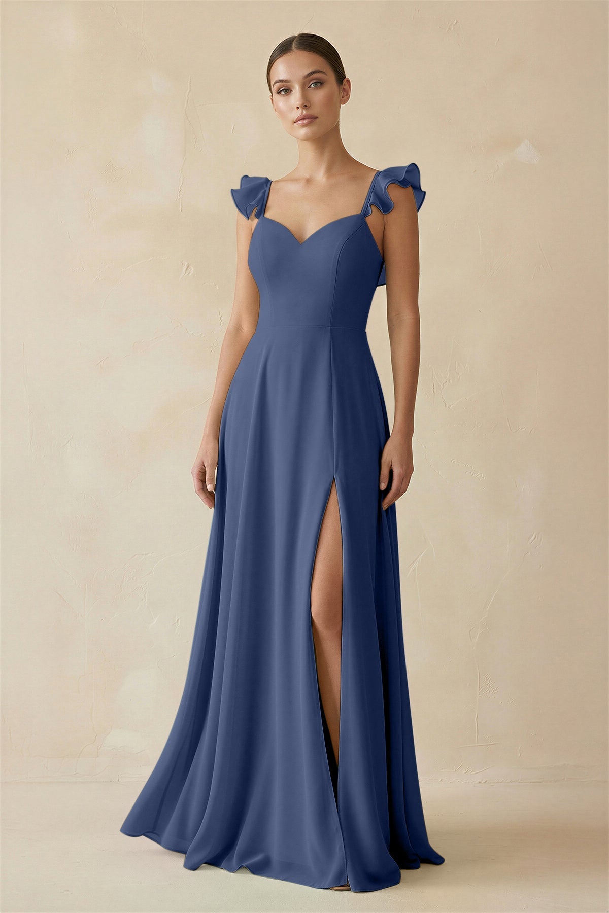 Ruffled Chiffon A - Line Long Bridesmaid Dress in Navy - SHE IS ME