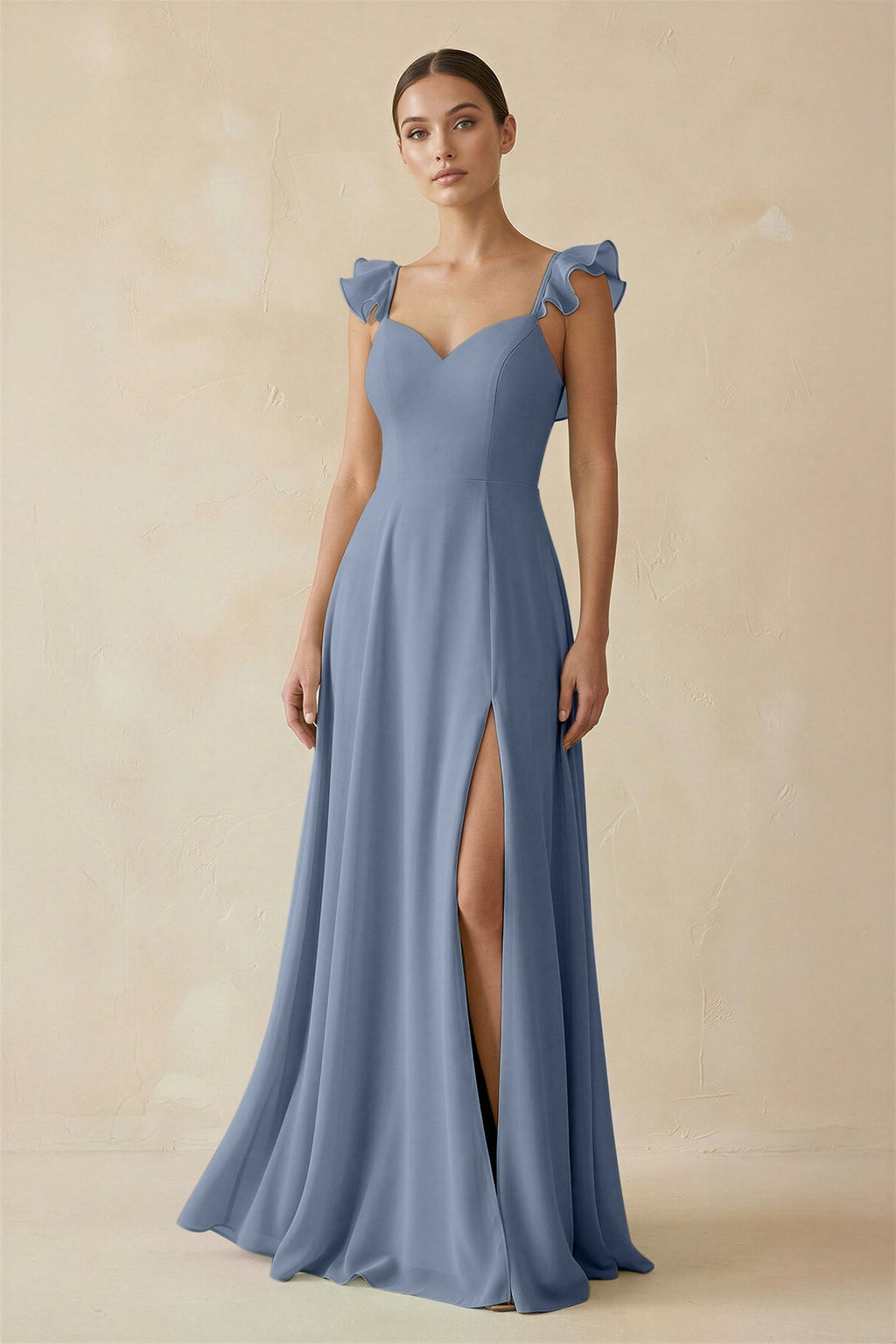 Ruffled Chiffon A - Line Long Bridesmaid Dress in Neptune - SHE IS ME