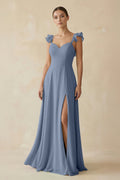 Ruffled Chiffon A - Line Long Bridesmaid Dress in Neptune - SHE IS ME