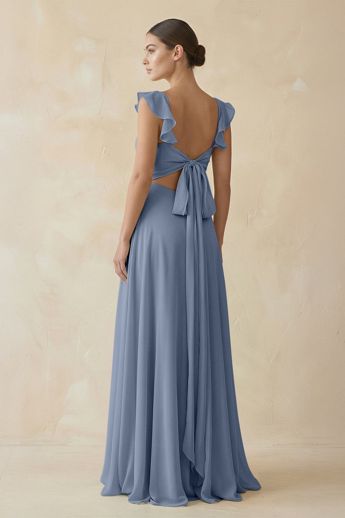 Ruffled Chiffon A - Line Long Bridesmaid Dress in Neptune - SHE IS ME