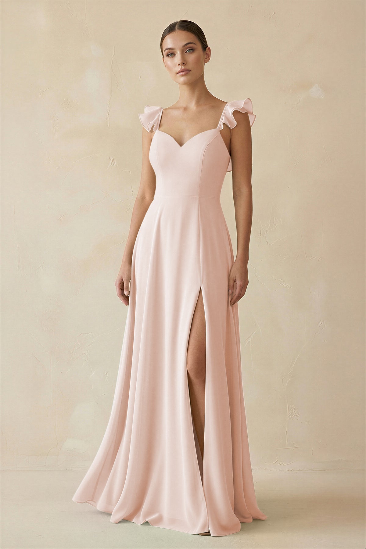 Ruffled Chiffon A - Line Long Bridesmaid Dress in Pale Blush - SHE IS ME