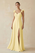 Ruffled Chiffon A - Line Long Bridesmaid Dress in Pastel Yellow - SHE IS ME