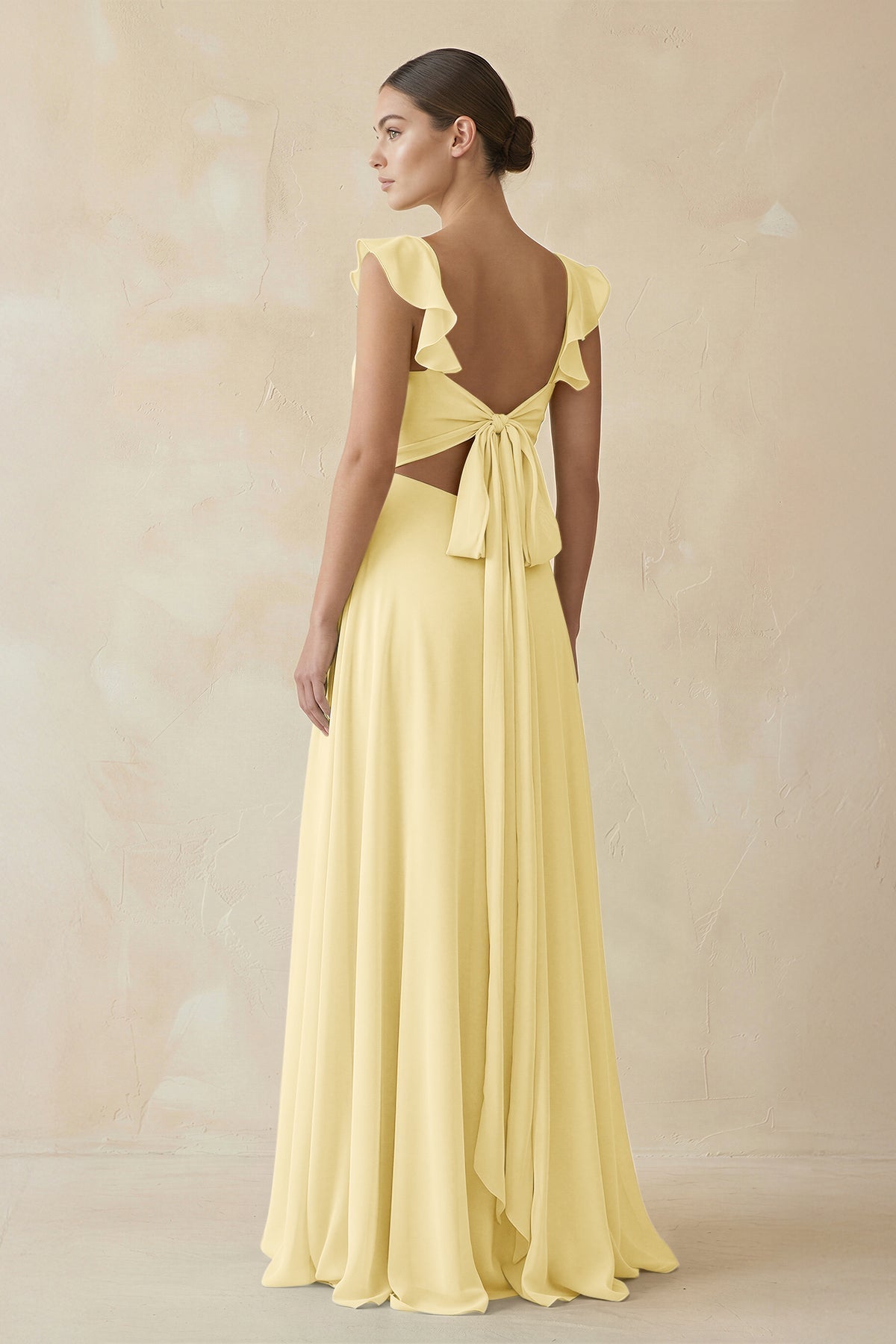 Ruffled Chiffon A - Line Long Bridesmaid Dress in Pastel Yellow - SHE IS ME