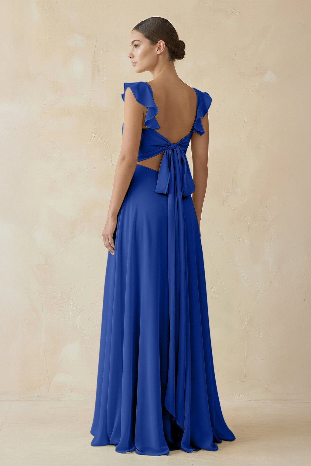 Ruffled Chiffon A - Line Long Bridesmaid Dress in Royal Blue - SHE IS ME