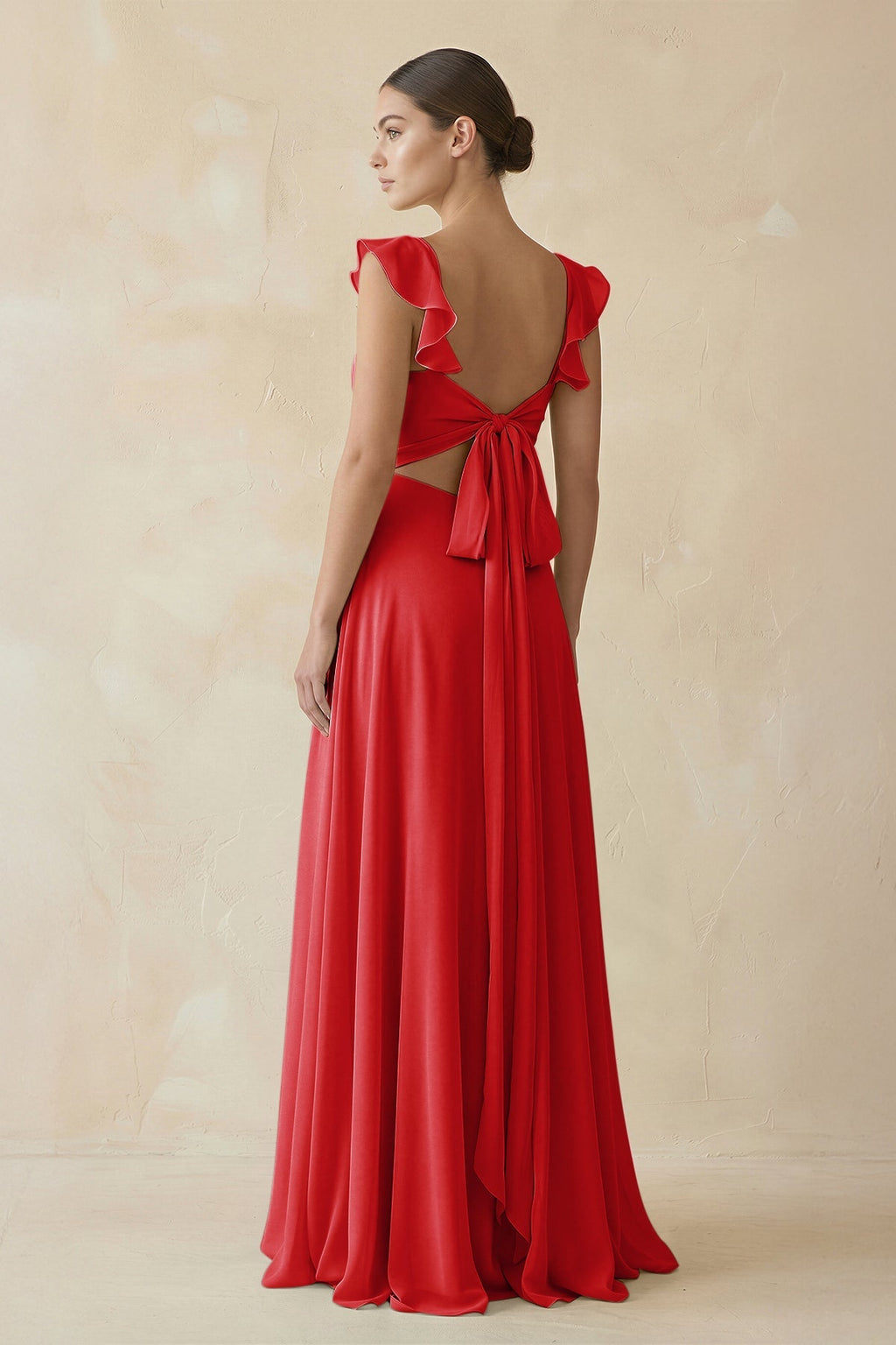 Ruffled Chiffon A - Line Long Bridesmaid Dress in Ruby Red - SHE IS ME