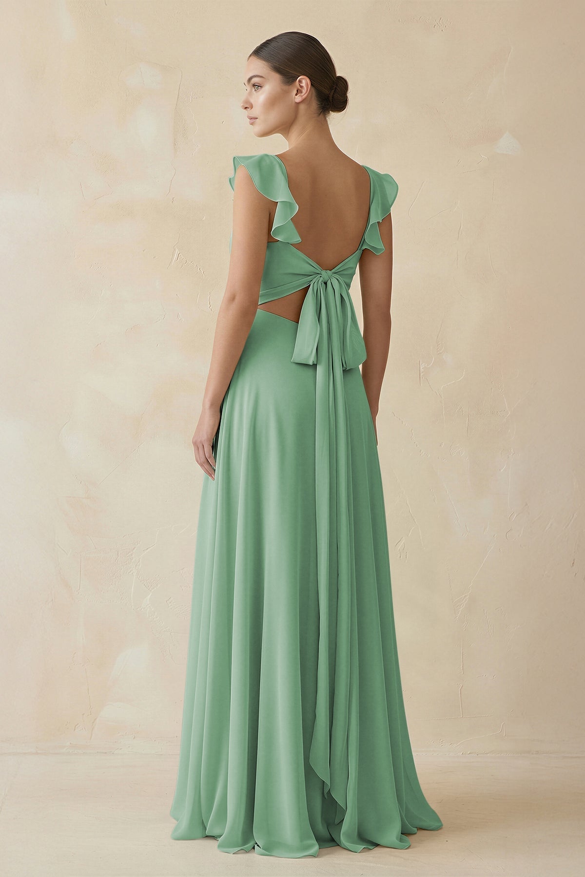 Ruffled Chiffon A - Line Long Bridesmaid Dress in Sea Glass - SHE IS ME
