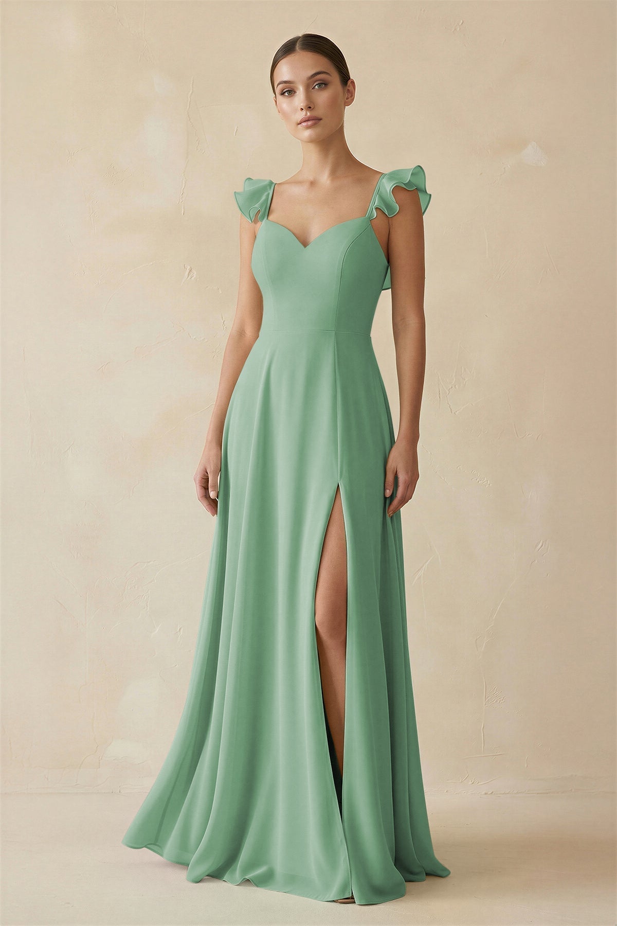 Ruffled Chiffon A - Line Long Bridesmaid Dress in Sea Glass - SHE IS ME