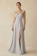 Ruffled Chiffon A - Line Long Bridesmaid Dress in Silver - SHE IS ME