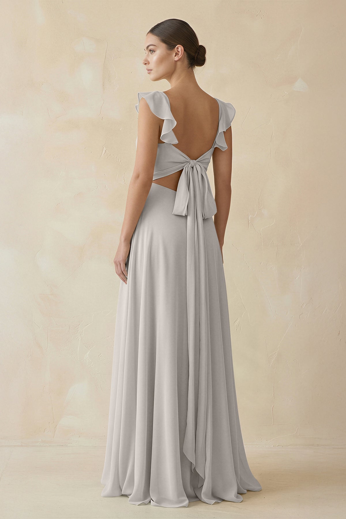Ruffled Chiffon A - Line Long Bridesmaid Dress in Silver - SHE IS ME