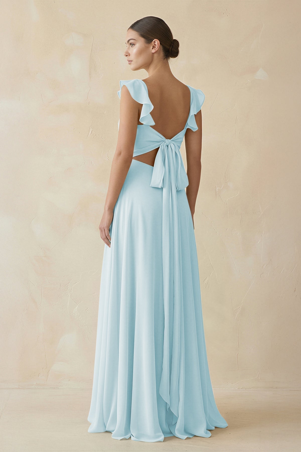 Ruffled Chiffon A - Line Long Bridesmaid Dress in Sky Blue - SHE IS ME
