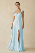 Ruffled Chiffon A - Line Long Bridesmaid Dress in Sky Blue - SHE IS ME