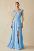 Ruffled Chiffon A - Line Long Bridesmaid Dress in Steel Blue - SHE IS ME