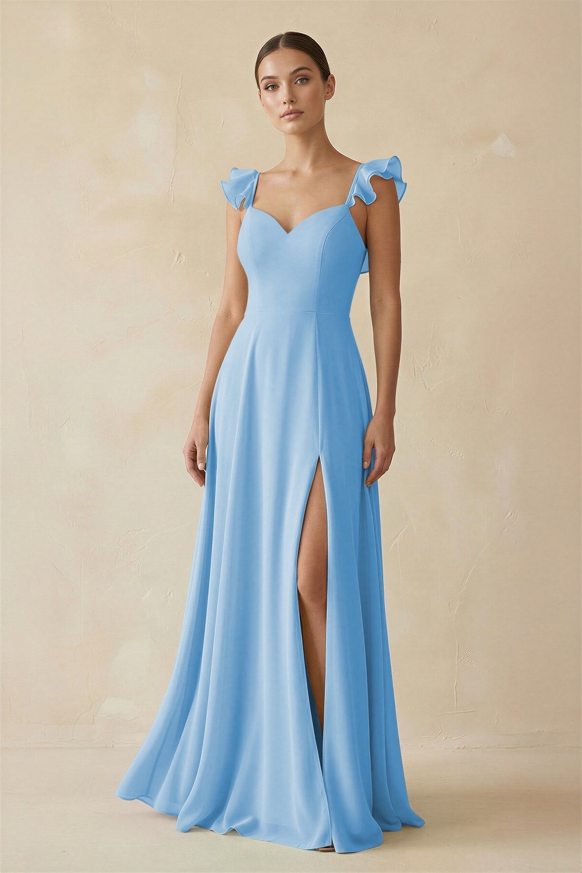 Ruffled Chiffon A - Line Long Bridesmaid Dress in Steel Blue - SHE IS ME