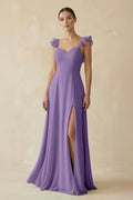 Ruffled Chiffon A - Line Long Bridesmaid Dress in Tahiti - SHE IS ME