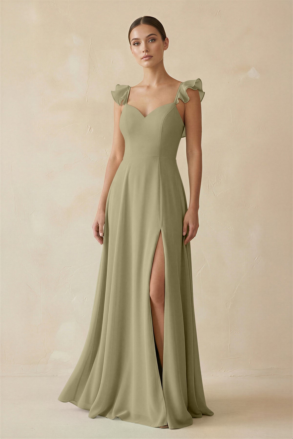 Ruffled Chiffon A - Line Long Bridesmaid Dress in Thyme - SHE IS ME
