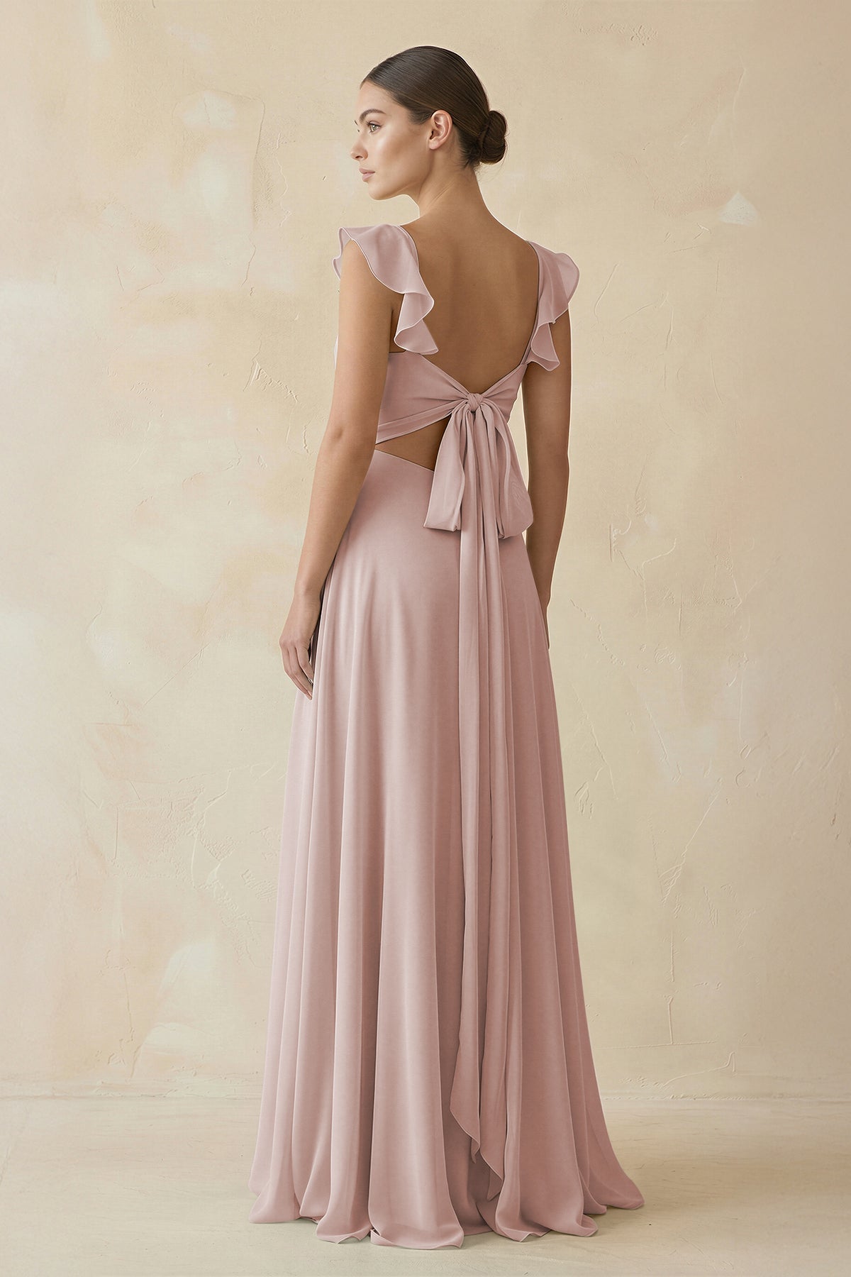 Ruffled Chiffon A - Line Long Bridesmaid Dress in Toffee - SHE IS ME