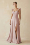 Ruffled Chiffon A - Line Long Bridesmaid Dress in Toffee - SHE IS ME