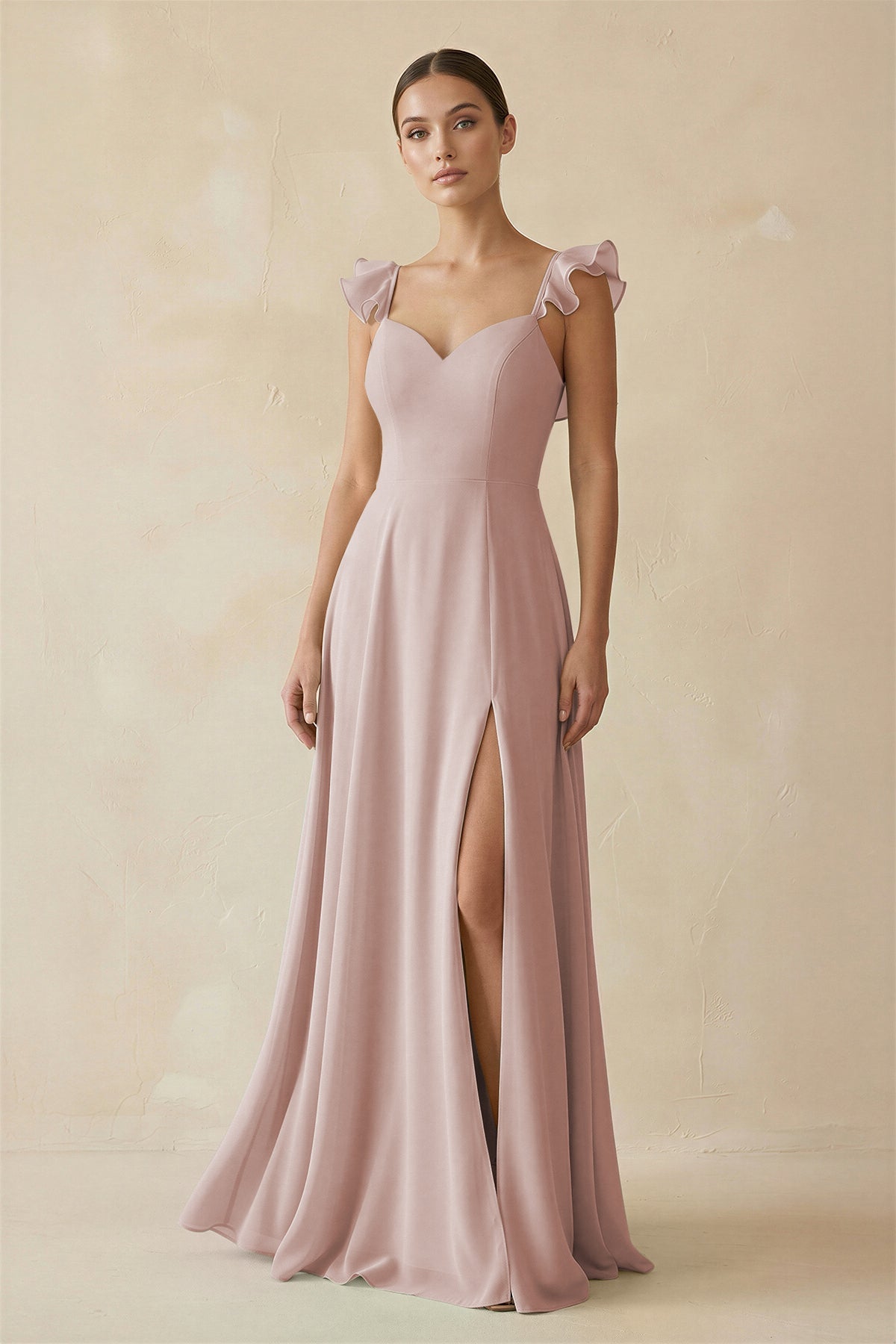 Ruffled Chiffon A - Line Long Bridesmaid Dress in Toffee - SHE IS ME