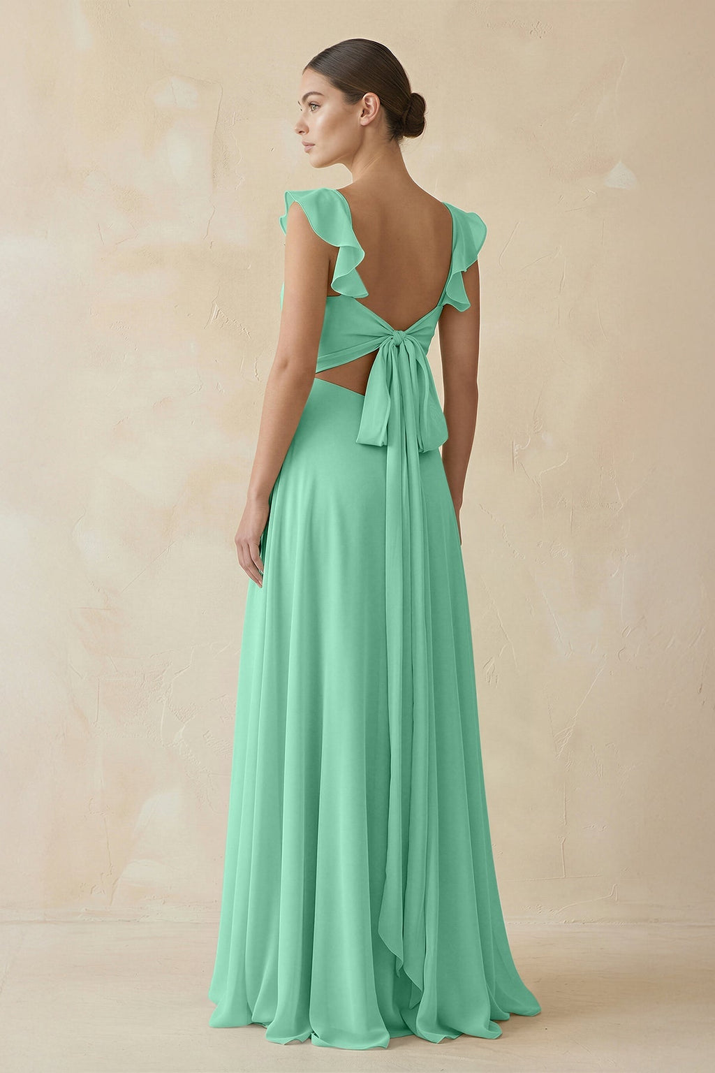 Ruffled Chiffon A - Line Long Bridesmaid Dress in Turquoise - SHE IS ME