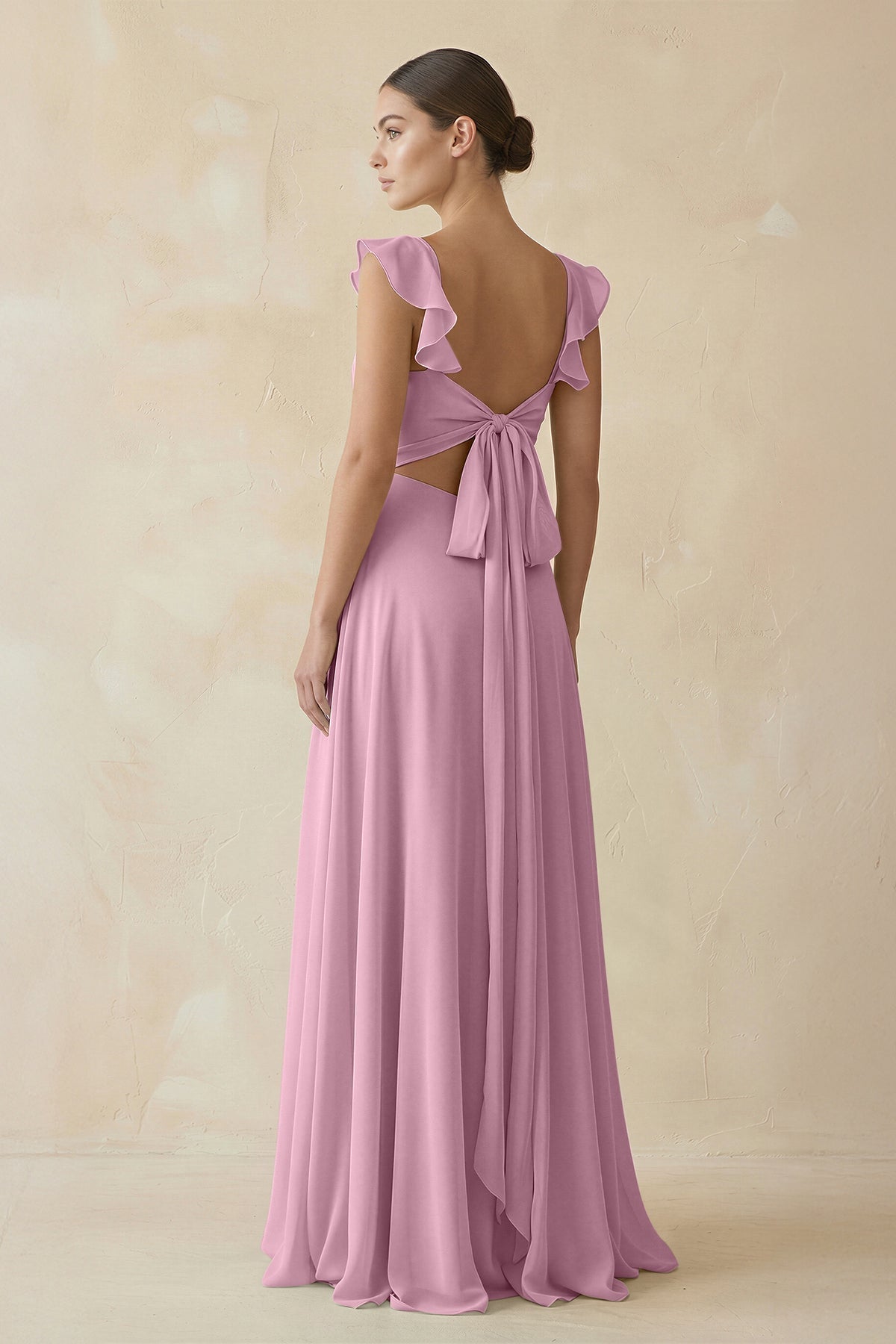 Ruffled Chiffon A - Line Long Bridesmaid Dress in Vintage Mauve - SHE IS ME