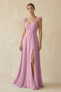 Ruffled Chiffon A - Line Long Bridesmaid Dress in Vintage Mauve - SHE IS ME