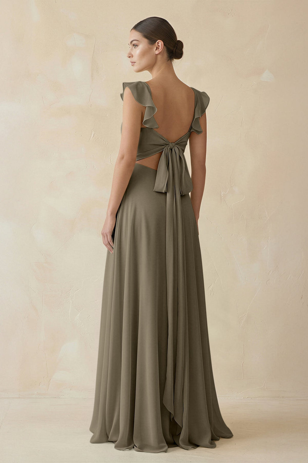 Ruffled Chiffon A - Line Long Bridesmaid Dress in Willow Green - SHE IS ME