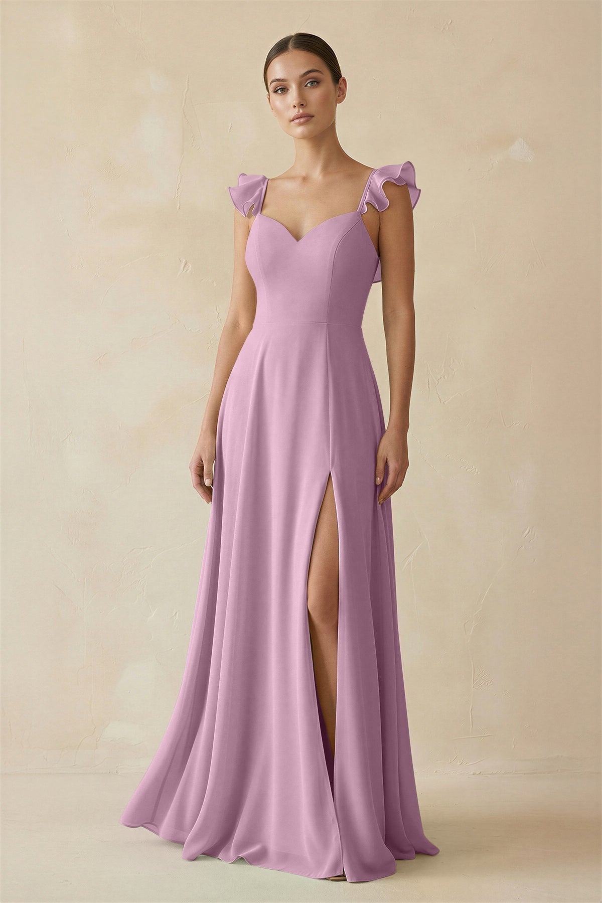 Ruffled Chiffon A - Line Long Bridesmaid Dress in Wisteria - SHE IS ME