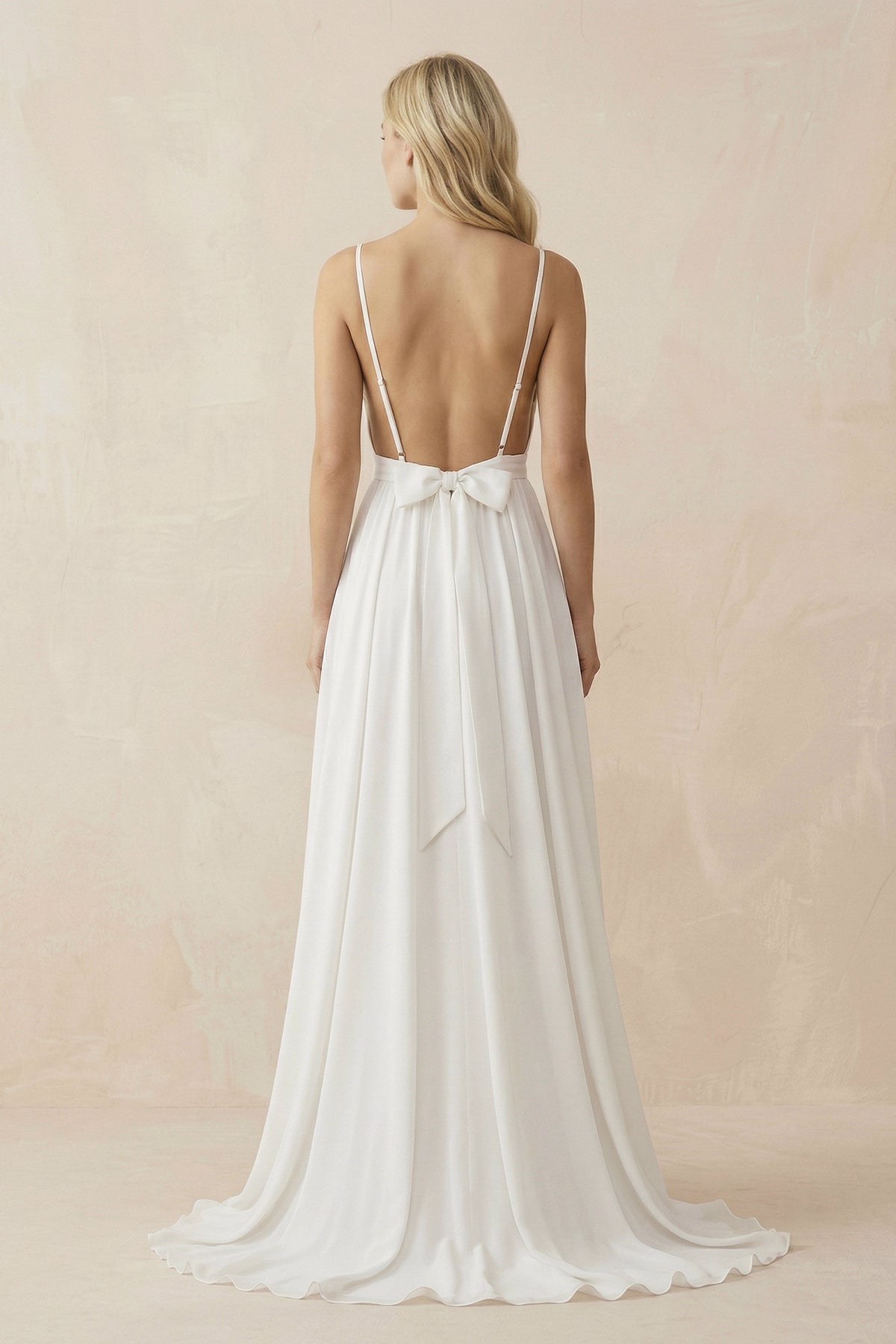 Ruffled Chiffon A - Line Spaghetti Straps Wedding Dress with Bow in White - SHE IS ME Wedding Dresses