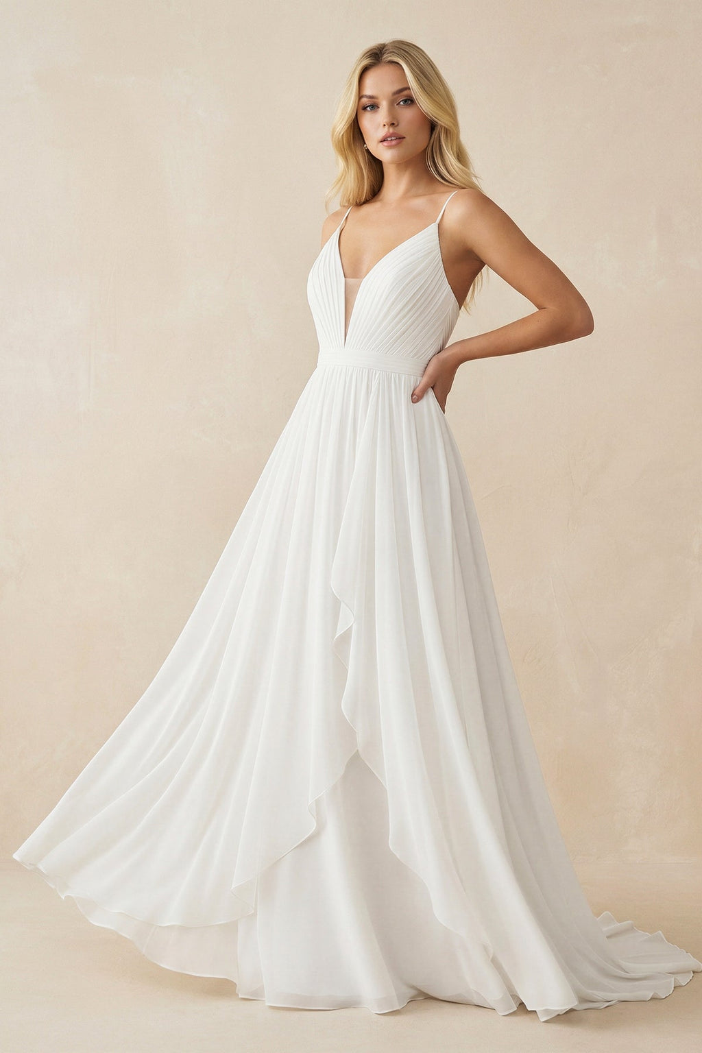 Ruffled Chiffon A - Line Spaghetti Straps Wedding Dress with Bow in White - SHE IS ME Wedding Dresses