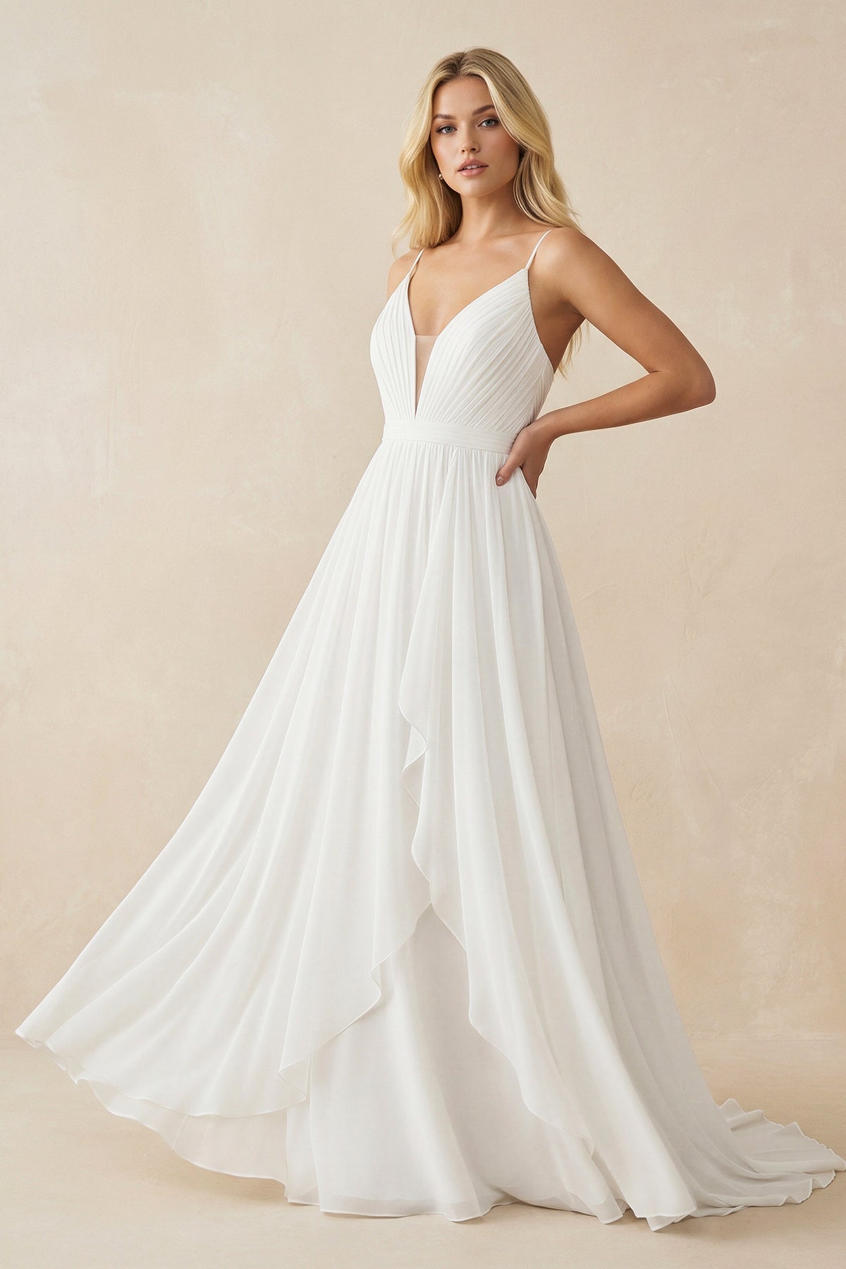 Ruffled Chiffon A - Line Spaghetti Straps Wedding Dress with Bow in White - SHE IS ME Wedding Dresses