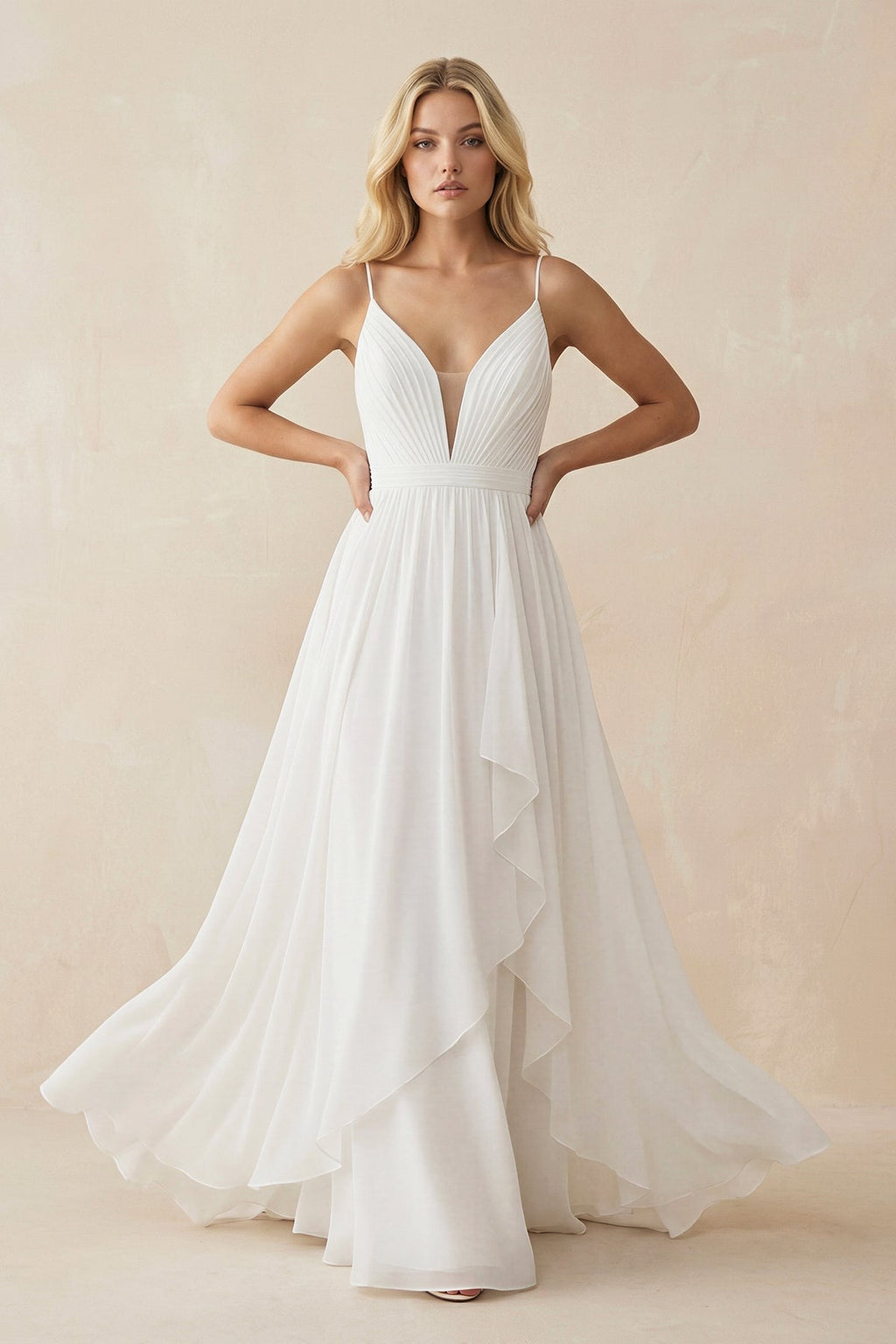 Ruffled Chiffon A - Line Spaghetti Straps Wedding Dress with Bow in White - SHE IS ME Wedding Dresses