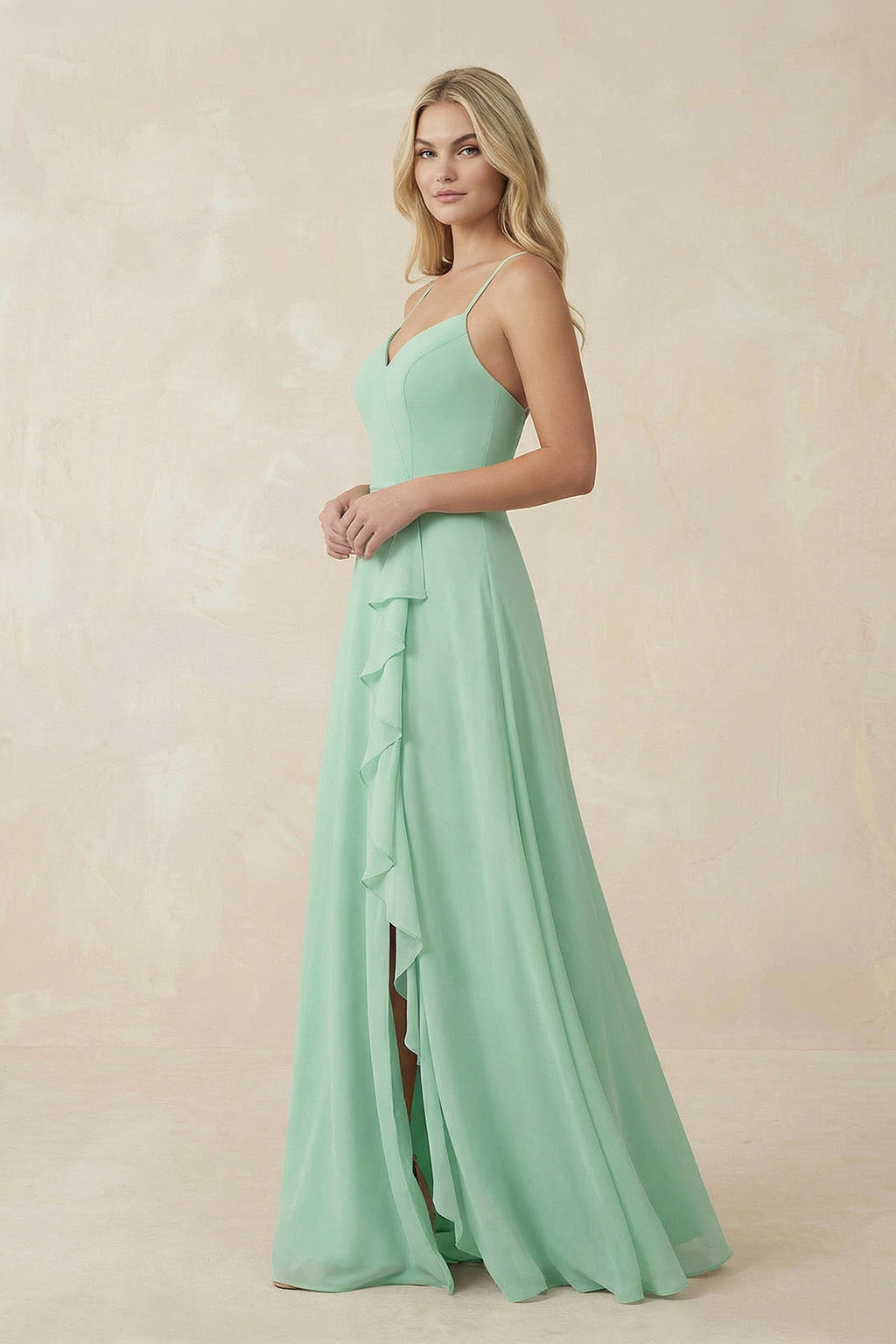 Ruffled Hem A-Line Chiffon Bridesmaid Dress in Pale Pistachio - SHE IS ME BRIDESMAID DRESSES