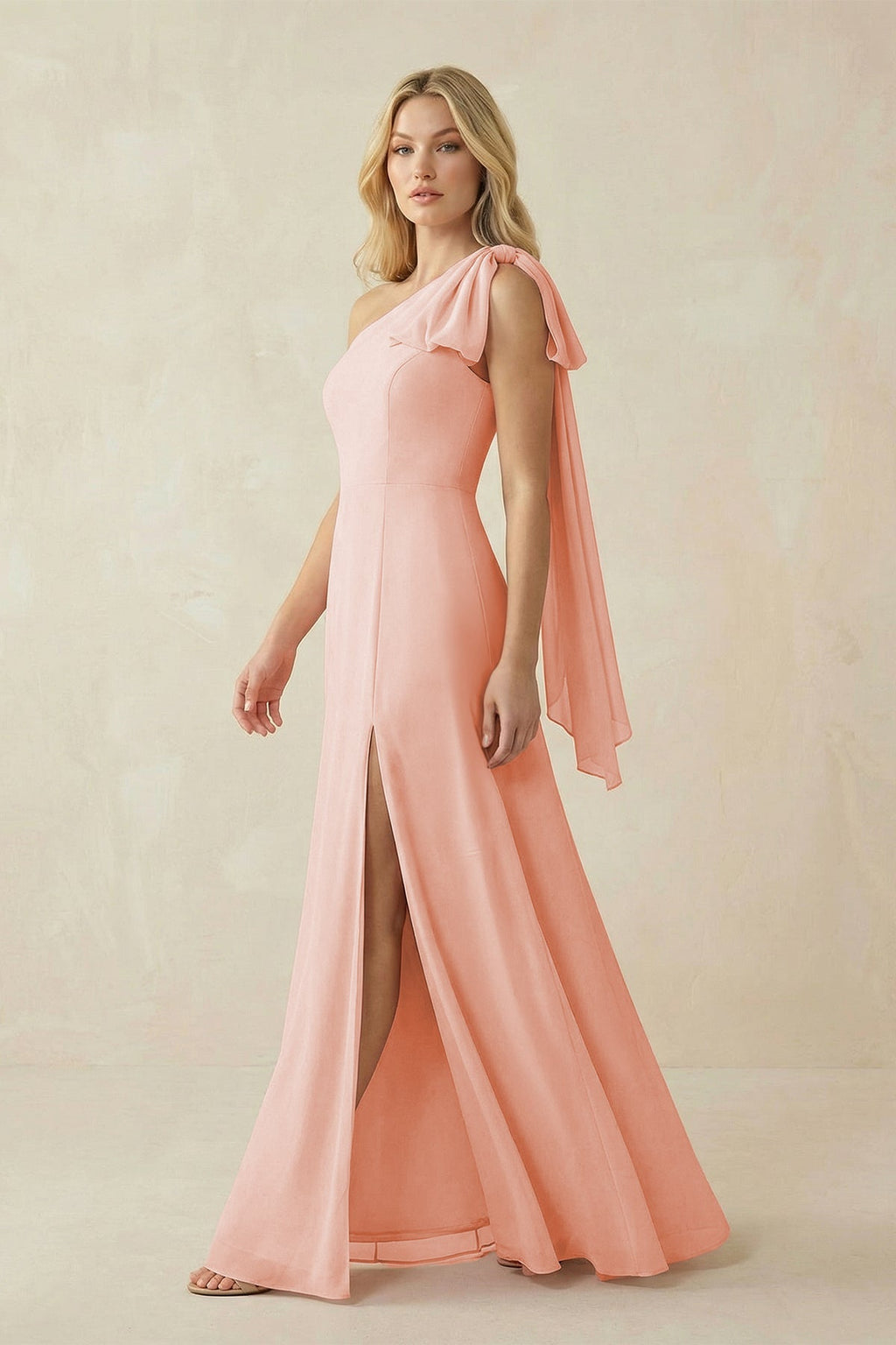 Ruffled One Shoulder Chiffon Bridesmaid Dress With Slit in Rose Petal - SHE IS ME BRIDESMAID DRESSES