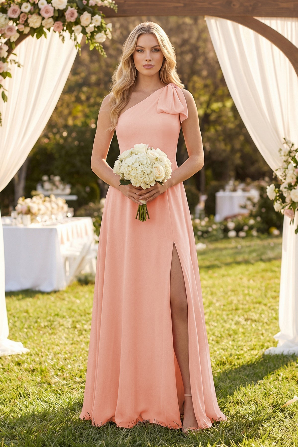 Ruffled One Shoulder Chiffon Bridesmaid Dress With Slit in Rose Petal - SHE IS ME BRIDESMAID DRESSES