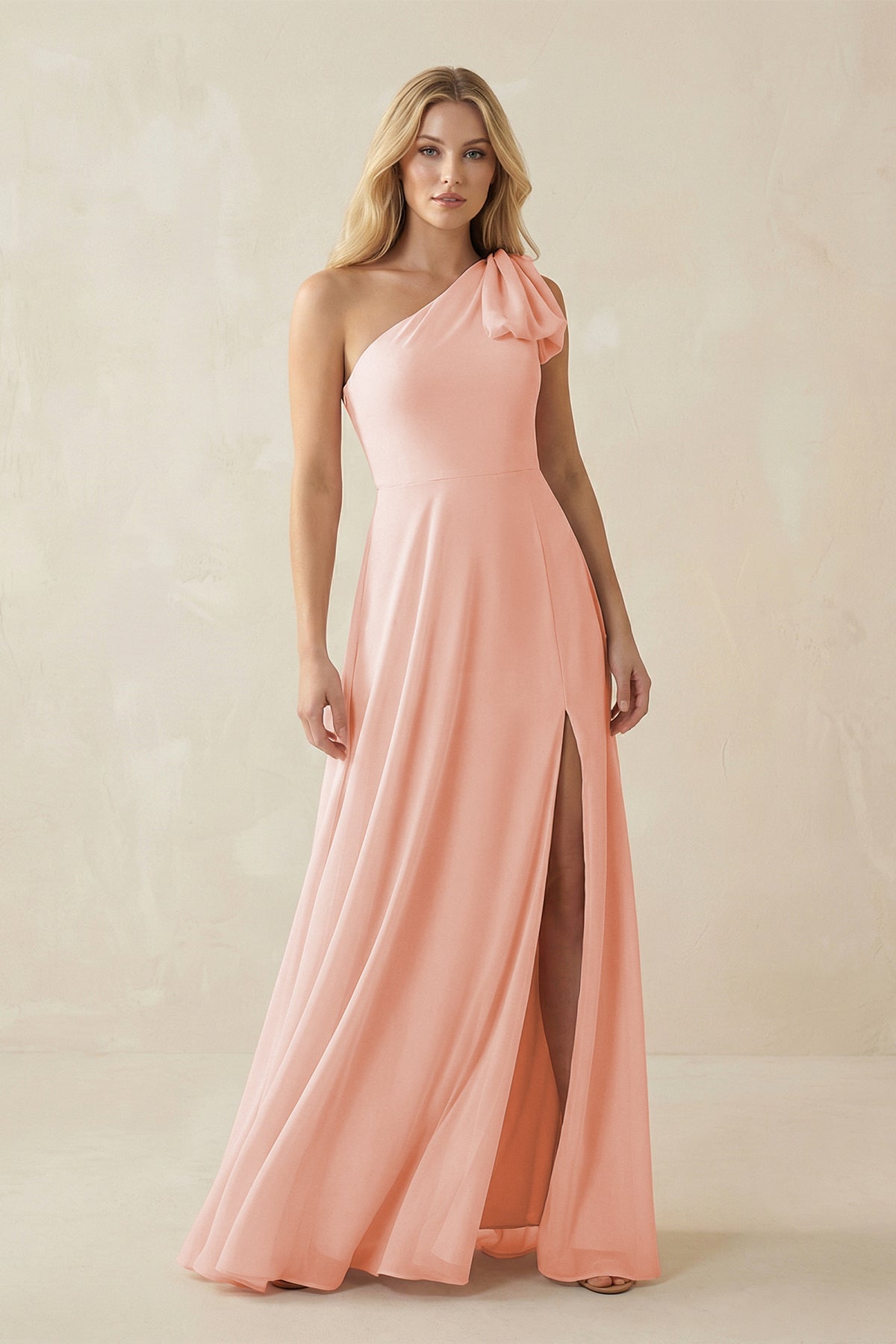 Ruffled One Shoulder Chiffon Bridesmaid Dress With Slit in Rose Petal - SHE IS ME BRIDESMAID DRESSES
