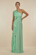 Ruffled One-Shoulder Pleated Sheath Bridesmaid Dress in Pale Pistachio - SHE IS ME BRIDESMAID DRESSES