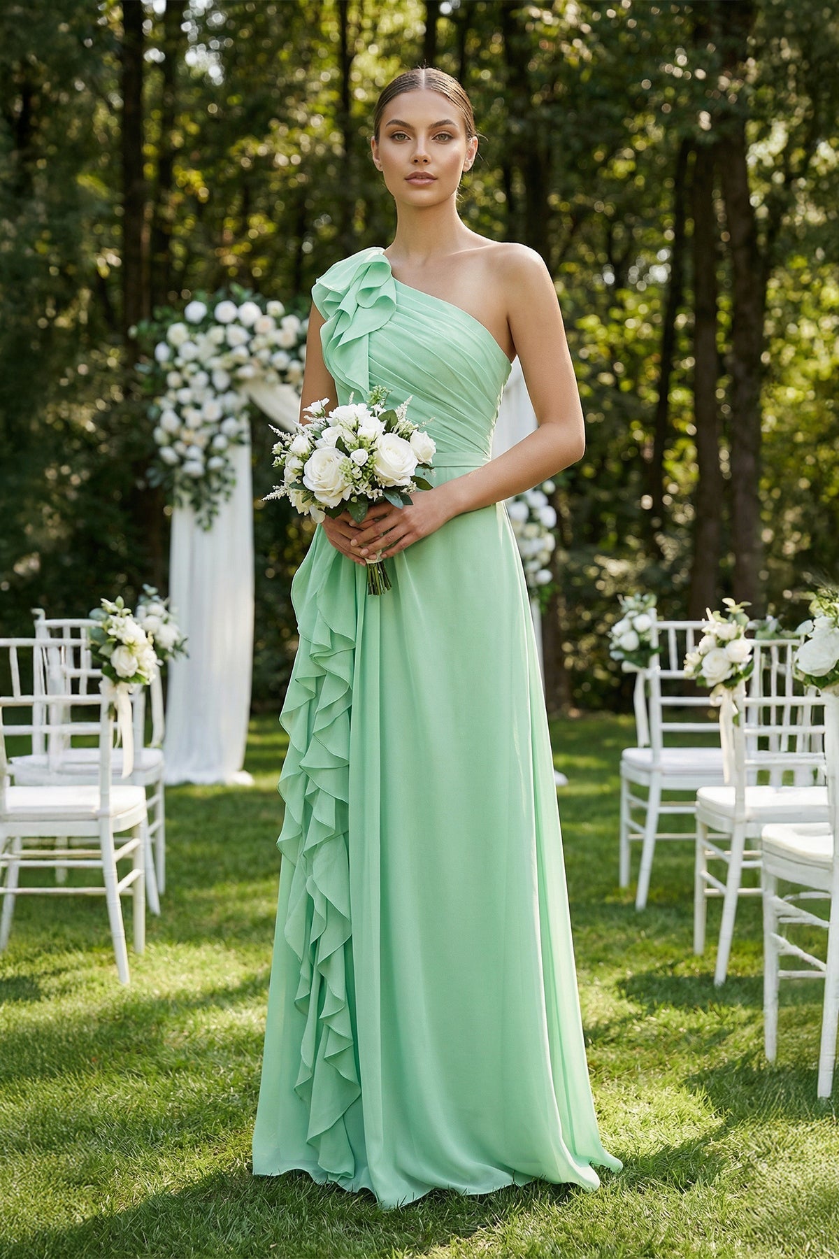 Ruffled One-Shoulder Pleated Sheath Bridesmaid Dress in Pale Pistachio - SHE IS ME BRIDESMAID DRESSES