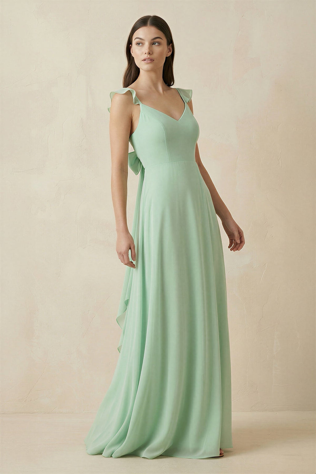 Ruffled Sleeve A - Line Chiffon Bridesmaid Dress - SHE IS ME Bridesmaid Dresses