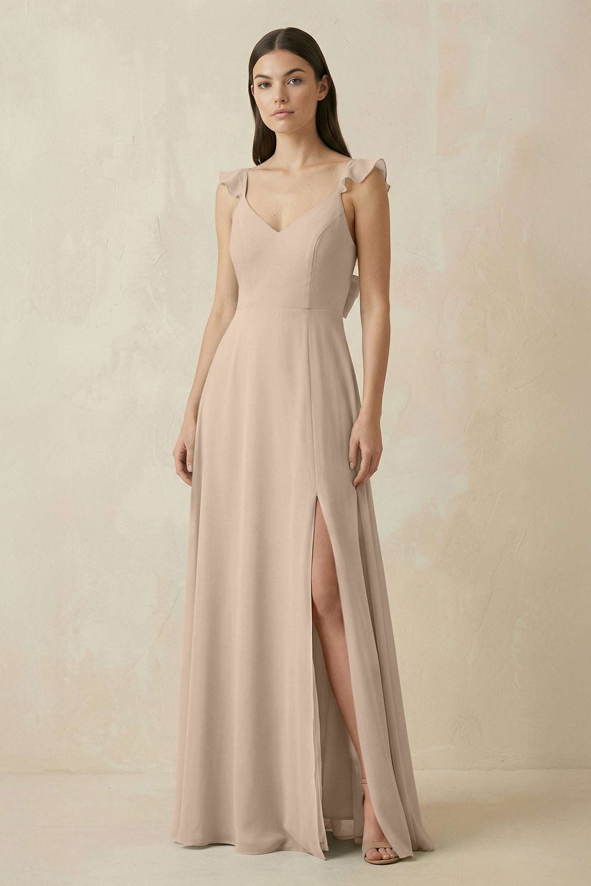 Ruffled Sleeve A - Line Chiffon Bridesmaid Dress in Almond - SHE IS ME Bridesmaid Dresses