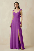 Ruffled Sleeve A - Line Chiffon Bridesmaid Dress in Amethyst - SHE IS ME Bridesmaid Dresses
