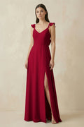 Ruffled Sleeve A - Line Chiffon Bridesmaid Dress in Berry - SHE IS ME Bridesmaid Dresses