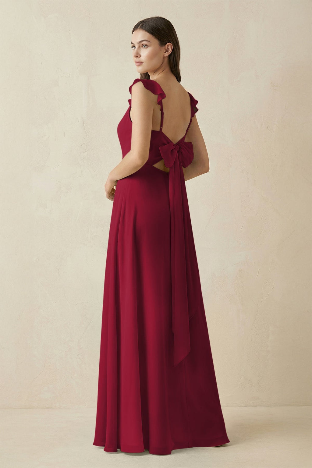 Ruffled Sleeve A - Line Chiffon Bridesmaid Dress in Berry - SHE IS ME Bridesmaid Dresses