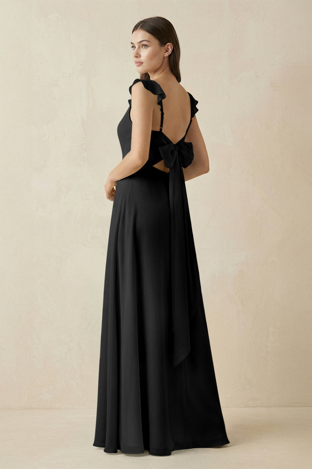 Ruffled Sleeve A - Line Chiffon Bridesmaid Dress in Black - SHE IS ME Bridesmaid Dresses