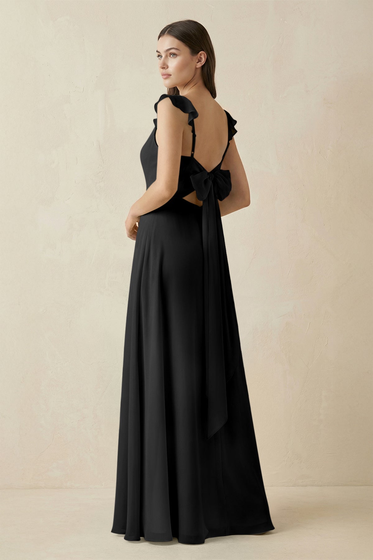 Ruffled Sleeve A - Line Chiffon Bridesmaid Dress in Black - SHE IS ME Bridesmaid Dresses