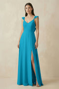 Ruffled Sleeve A - Line Chiffon Bridesmaid Dress in Blue Jay - SHE IS ME Bridesmaid Dresses