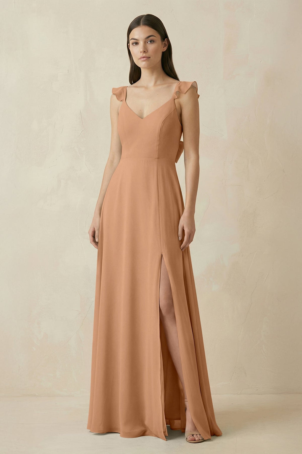 Ruffled Sleeve A - Line Chiffon Bridesmaid Dress in Bronzer - SHE IS ME Bridesmaid Dresses